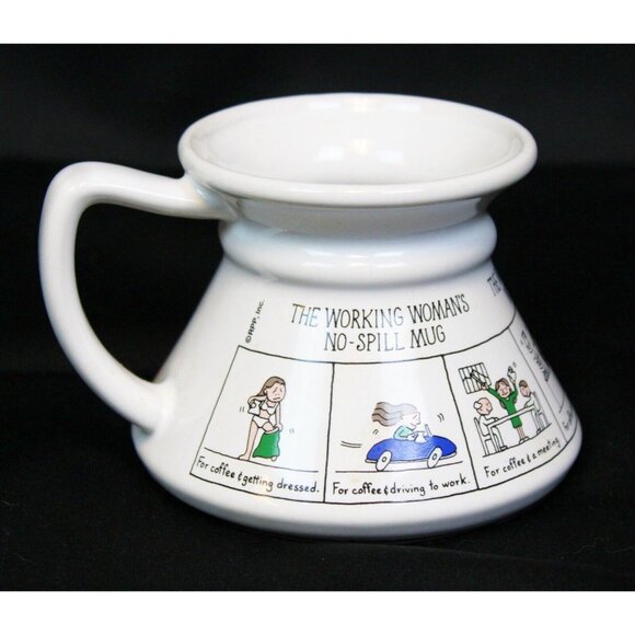 Vtg 80s 90s The Working Woman No Spill Coffee Mug White Curved Graphic Cup Funny - Picture 3 of 6